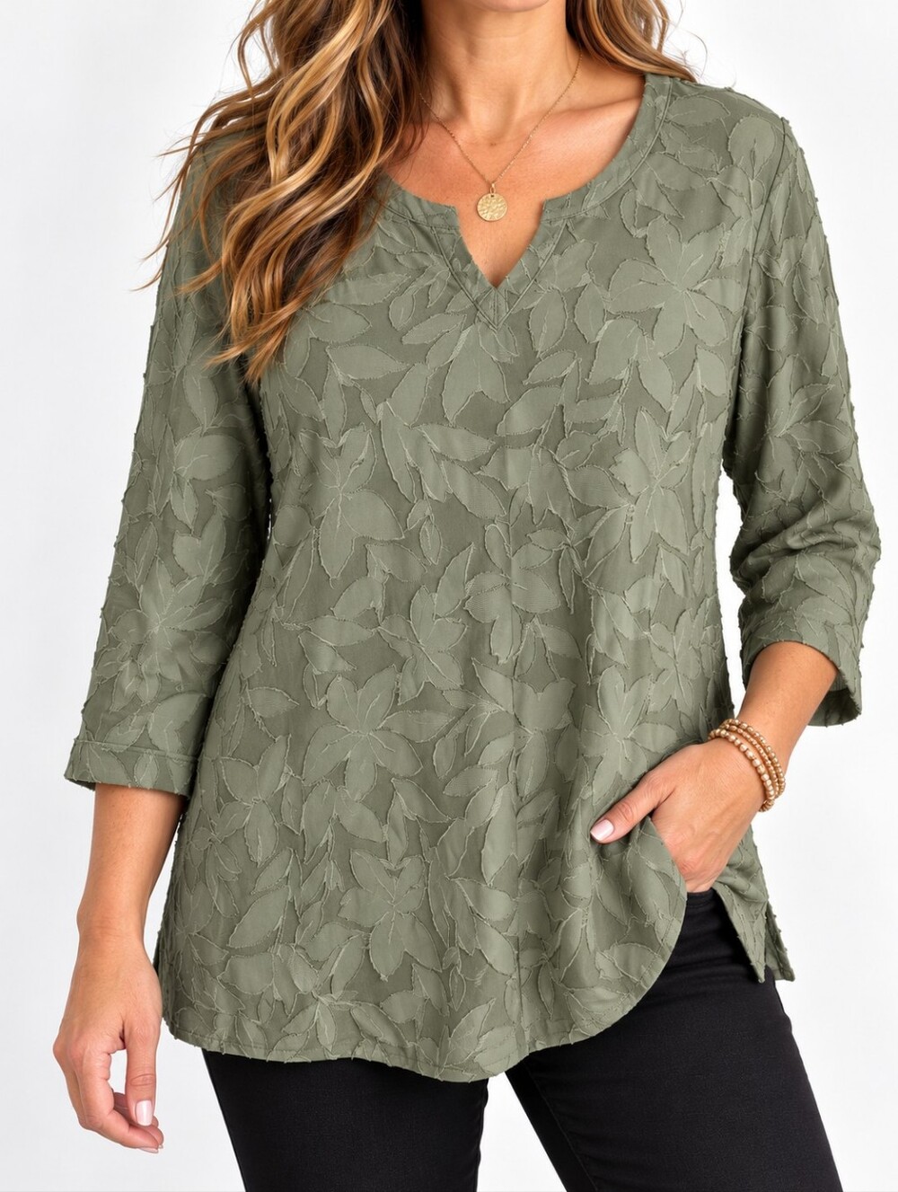 Chico’s Size 3 Sage Green Floral Appliqué V Neck Tunic Top Fall Cottagecore